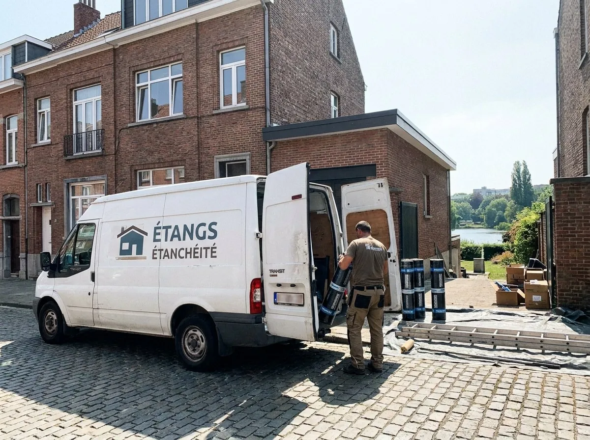 Camionnette d'Étangs Étanchéité devant une maison bruxelloise à toit plat à Ixelles, rouleaux de roofing au déchargement