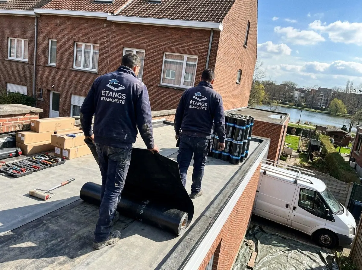Étancheurs toit plat à Ixelles déroulant une membrane EPDM sur une toiture plate, les étangs d'Ixelles en arrière-plan